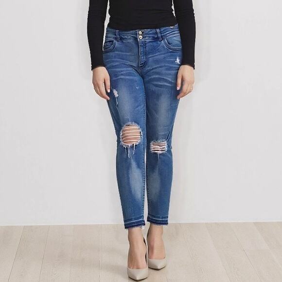 SIMPLY BE DENIM Blue Distressed Shape Sculpt Skinny Jeans - Picture 1 of 14